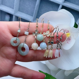 天然A货翡翠知了耳坠缅甸老坑平安扣耳环镶嵌14K金圆珠耳钩多彩