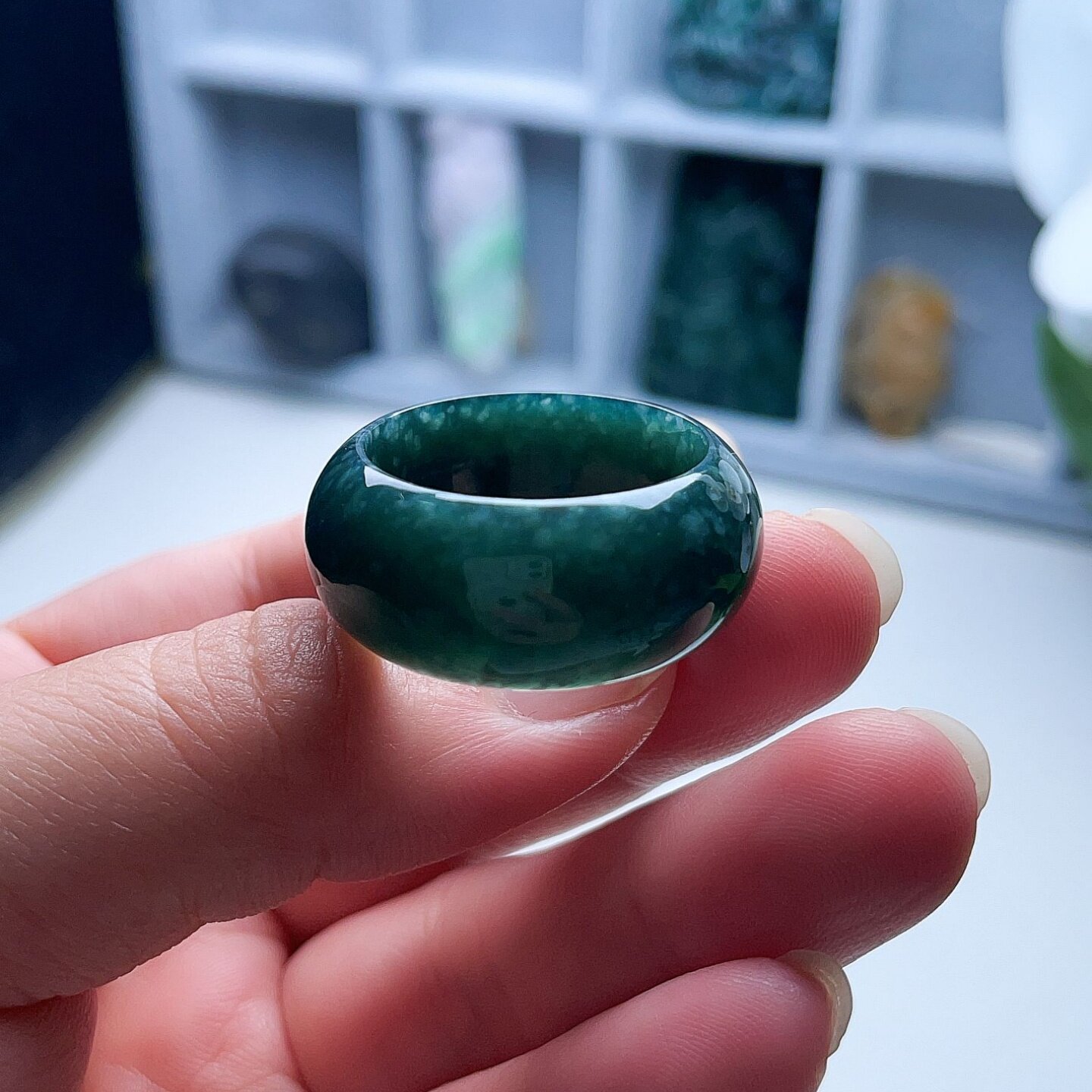 天然翡翠宽边戒指蓝绿深色意境