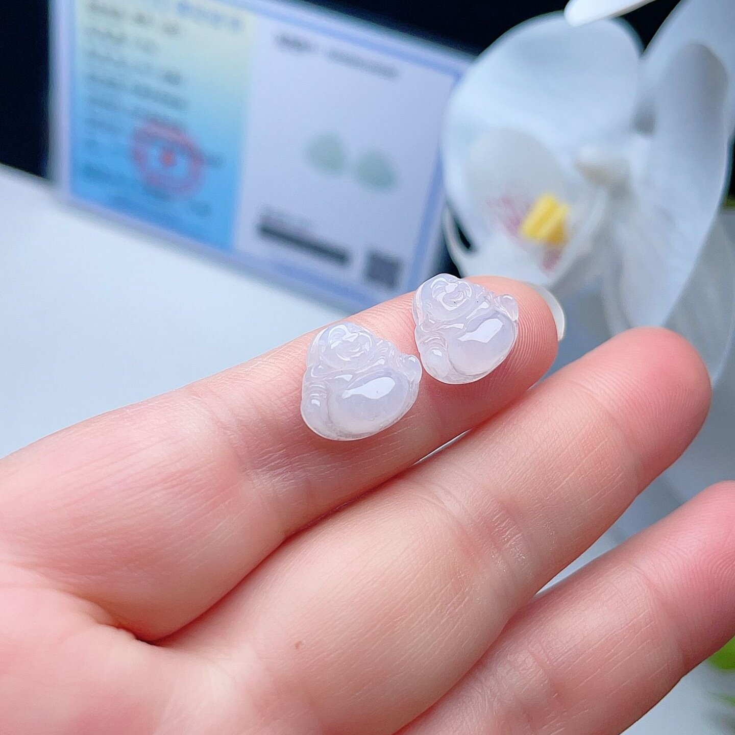天然翡翠迷你佛弥勒佛乳白月光白