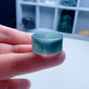 A货翡翠方扳指蓝绿飘花21.2mm天然老坑宽边玉指环意境儒雅百搭26