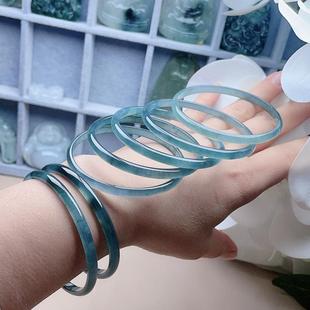 A货翡翠冰蓝绿飘花细手镯天然老坑玉晴水叮当镯小巧秀气款玉镯圆