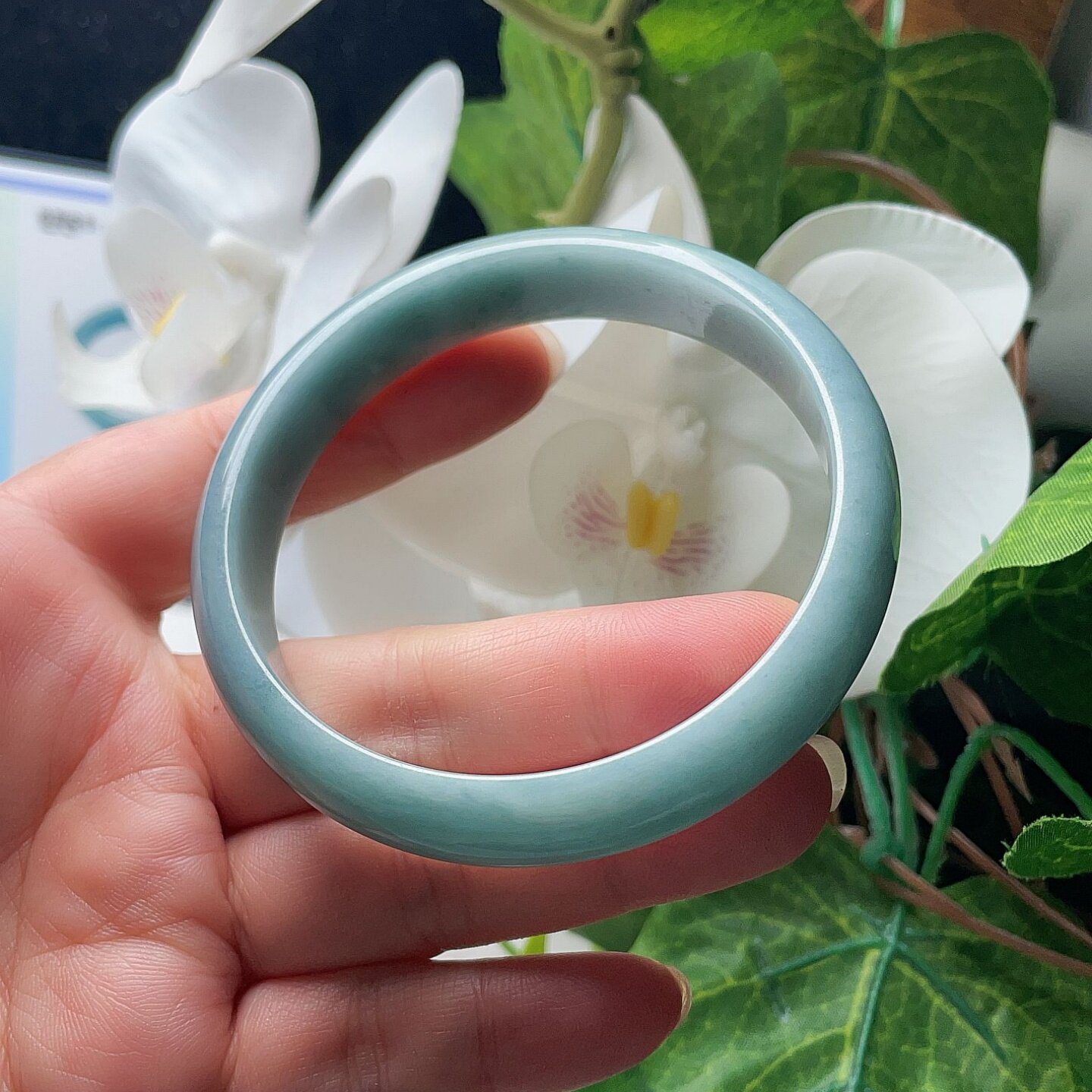 天然翡翠手镯灰蓝绿飘花幸运圈