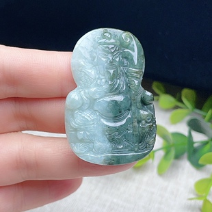 A货油绿翡翠关公吊坠缅甸天然老坑半山半水双彩武财神玉佩入财