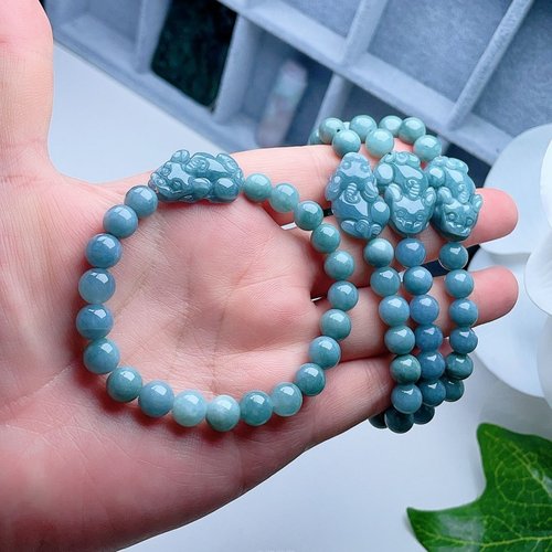 天然翡翠圆珠小貔貅手链天空海蓝