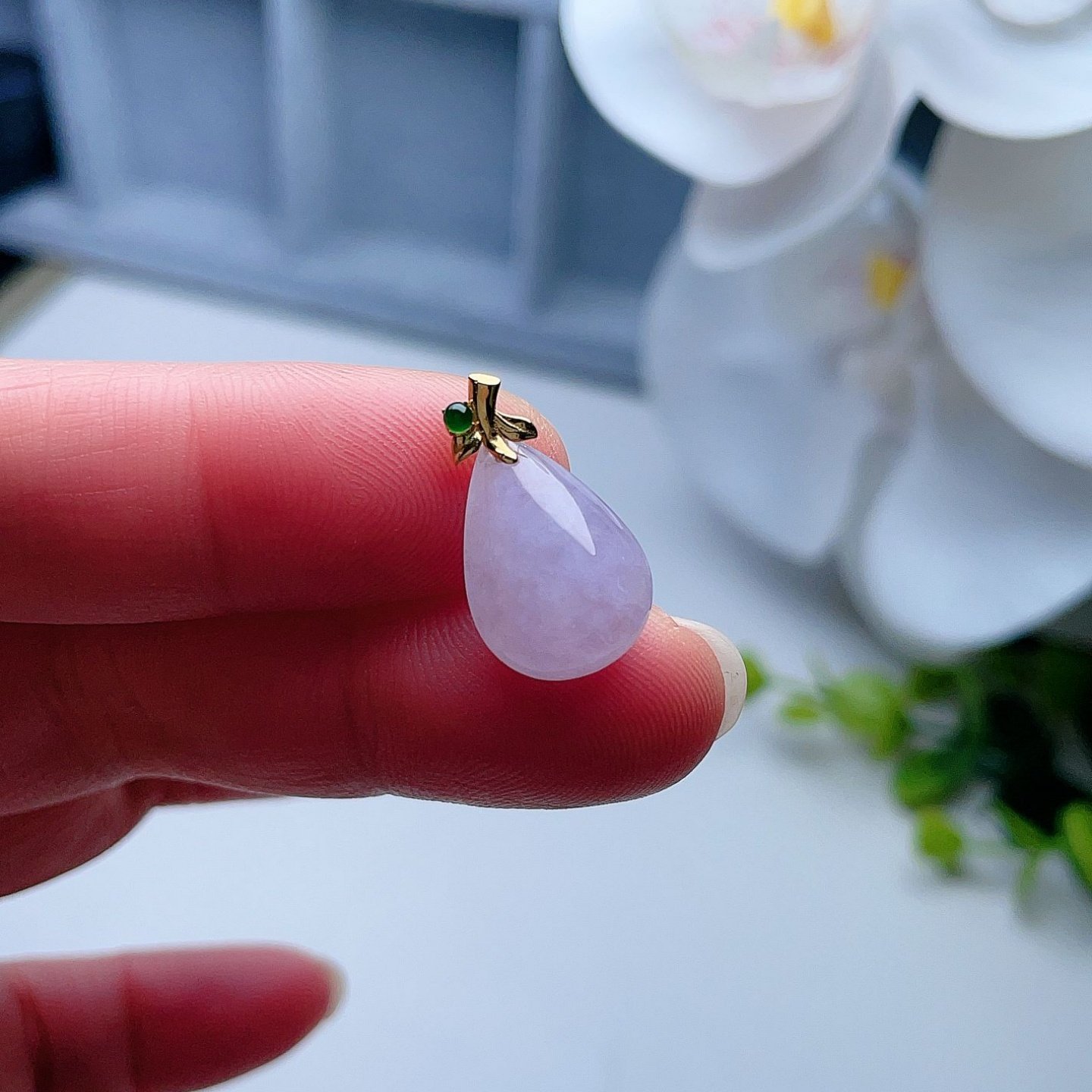 天然A货翡翠水滴吊坠淡紫罗兰缅甸老坑镶嵌18k金扣挂坠细腻冰润