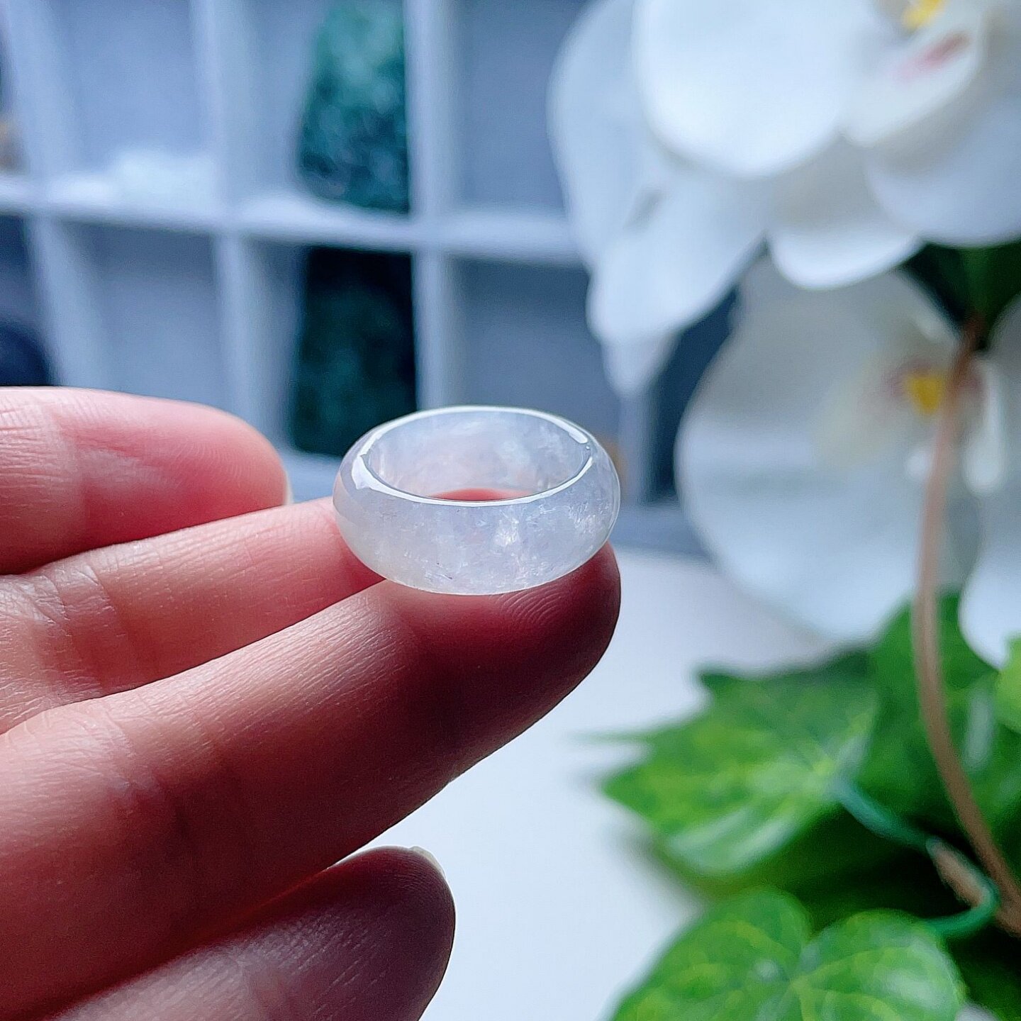 A货翡翠冰种宽边戒指淡绿15.6mm缅甸天然老坑玉指环木那雪花绵10#