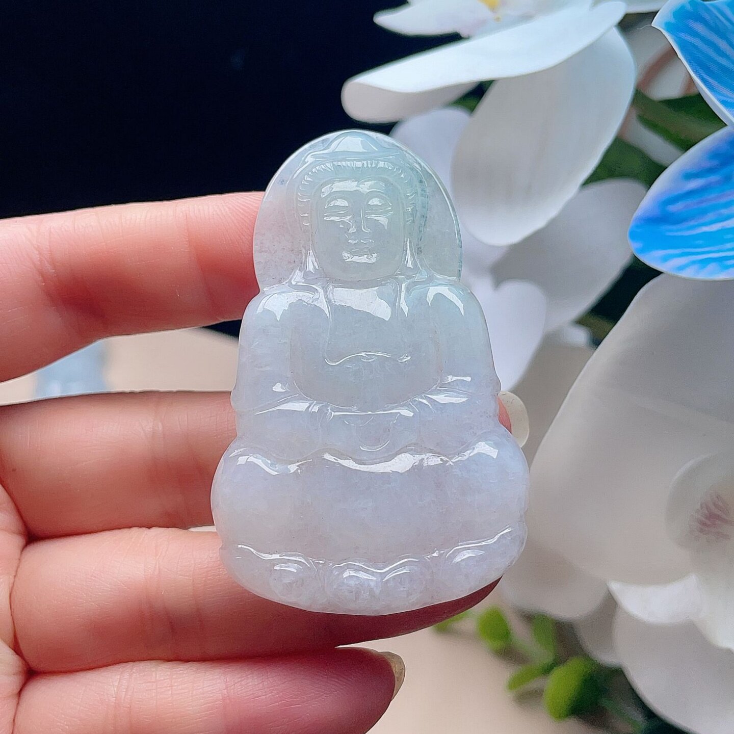 天然A货翡翠观音吊坠乳白淡绿缅甸老坑观世音菩萨玉佩抱宝瓶挂坠
