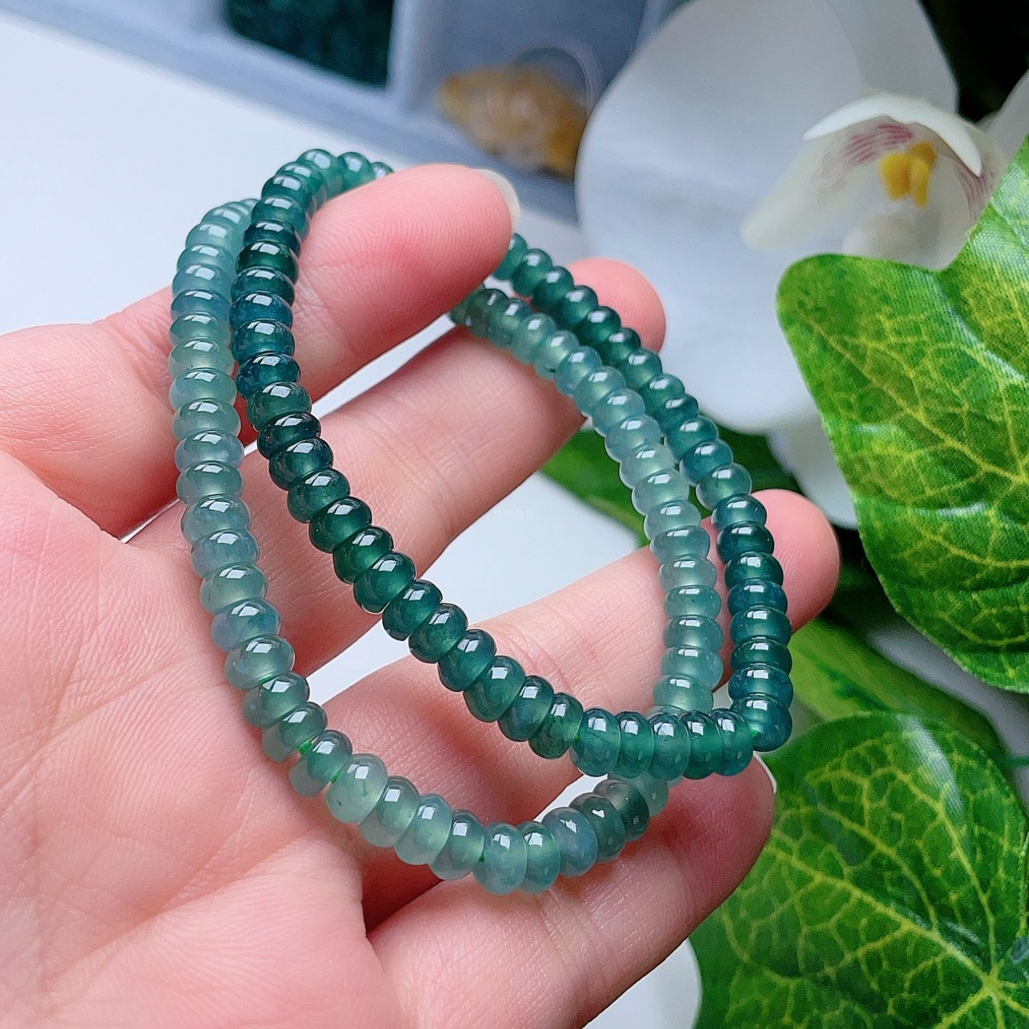 天然翡翠算盘珠手链甜水绿天空蓝