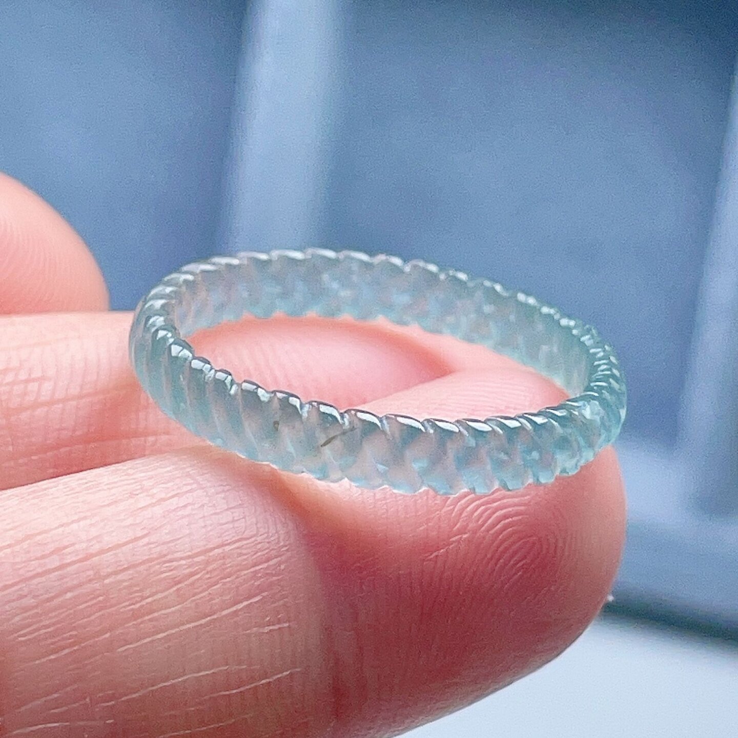 A货翡翠冰种麻花戒指晴水绿19.2mm天然老坑玉指环意境清新优雅20#