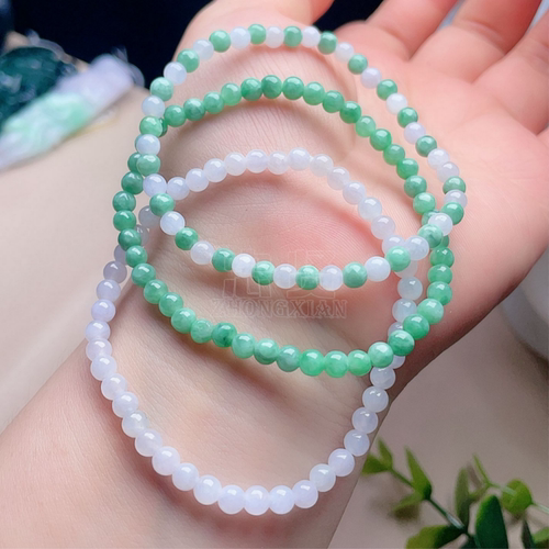天然翡翠小圆珠手链乳白阳绿双彩
