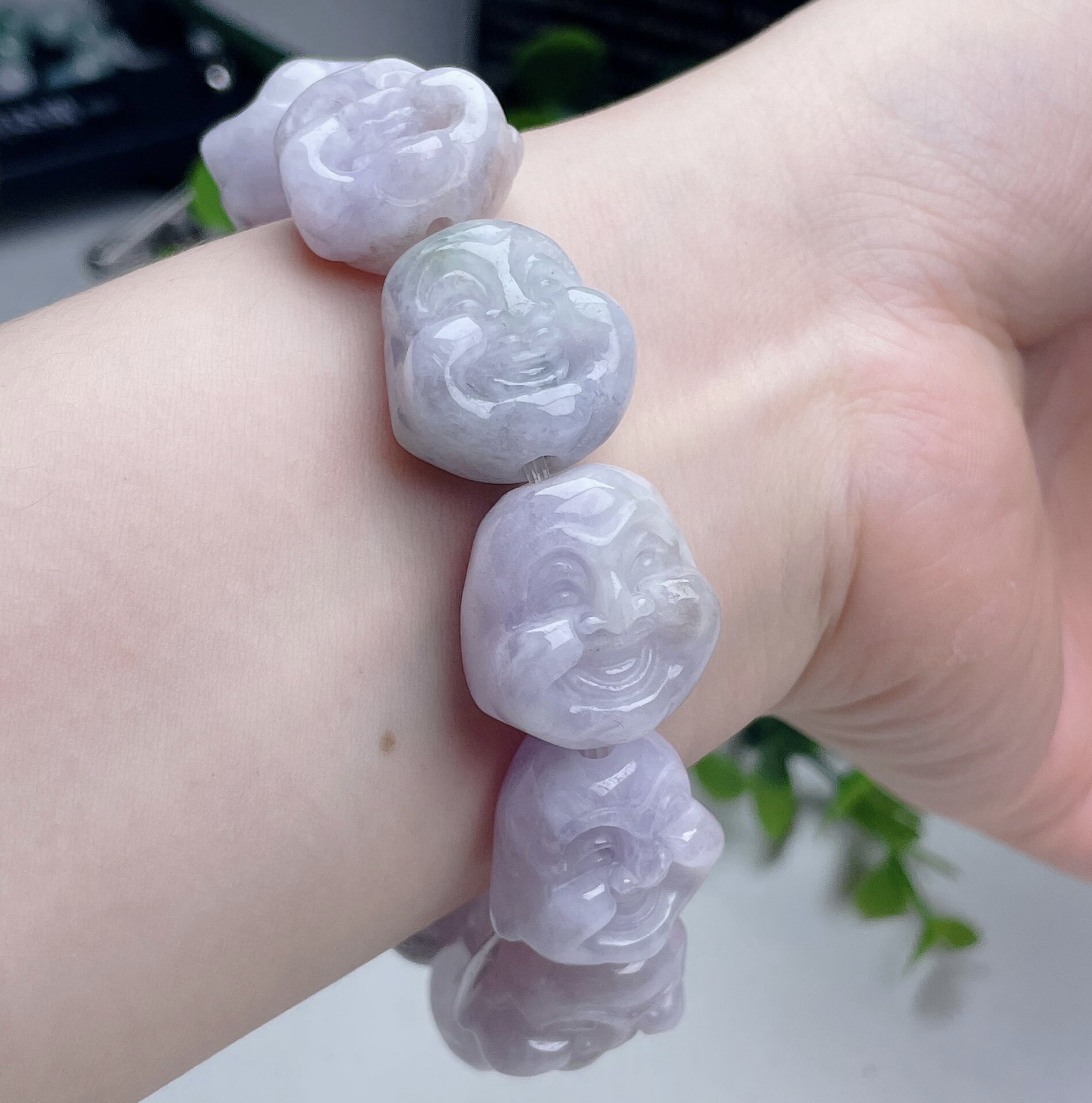 a货淡紫罗兰翡翠佛头链缅甸老坑天然玉弥勒佛手串笑佛珠手持配证