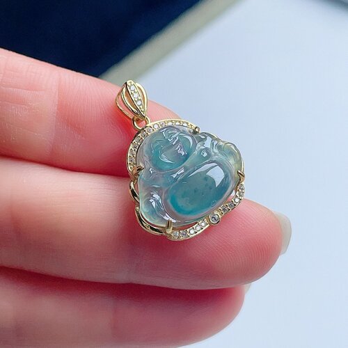 天然翡翠弥勒佛吊坠天空蓝绿清新