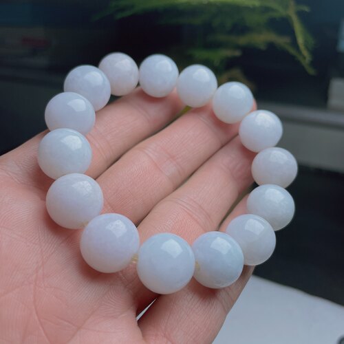 老坑天然A货乳白手链珍珠色翡翠手链13mm圆润圆珠手串手持手环