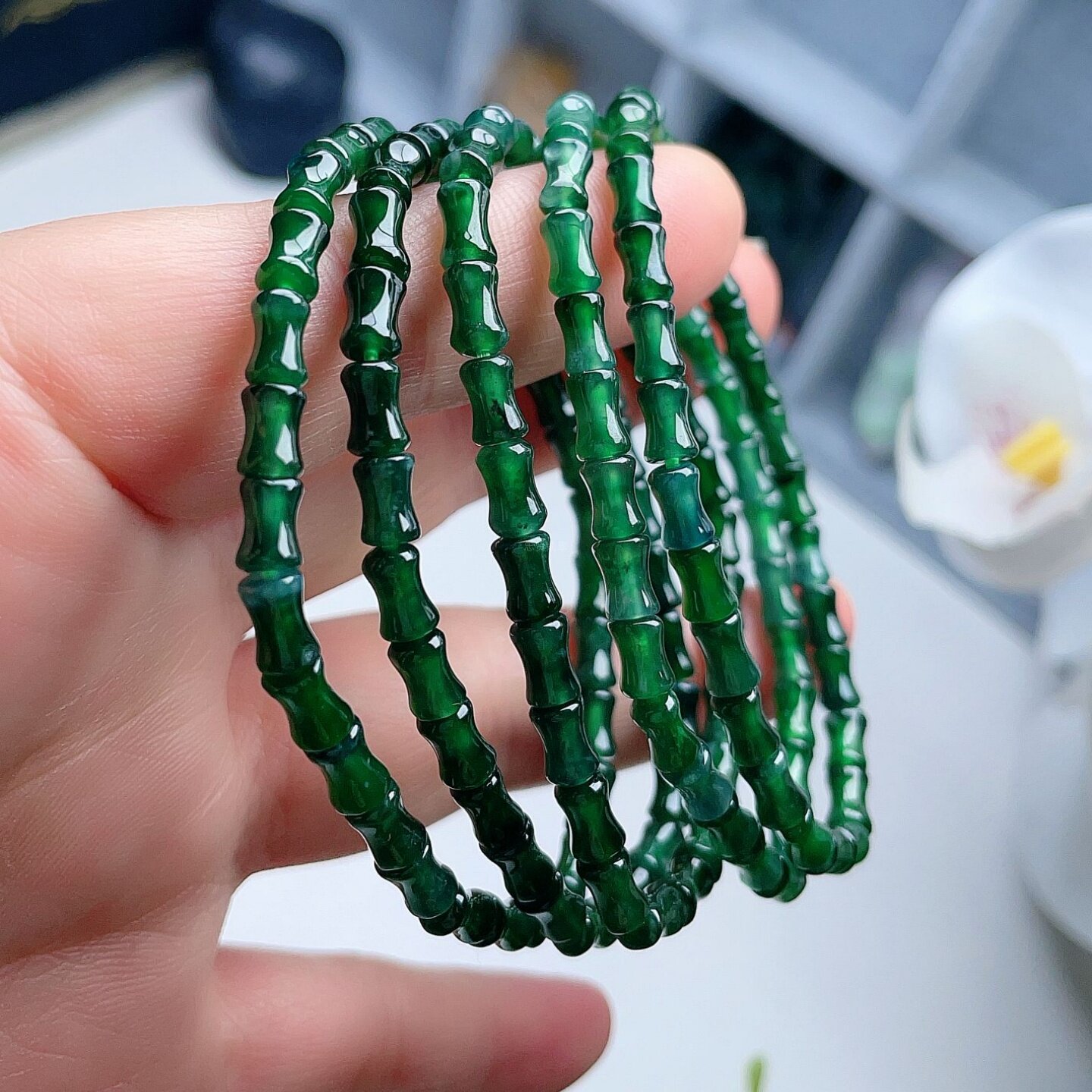 A货翡翠小竹节手链蓝绿辣阳绿天然老坑节节高手串优雅小巧秀气