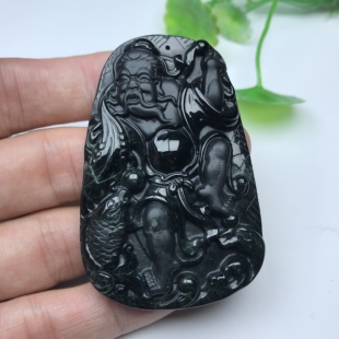 缅甸翡翠A货渔翁得利挂件财源广进玉吊坠墨翠吉祥人物玉牌磨砂工