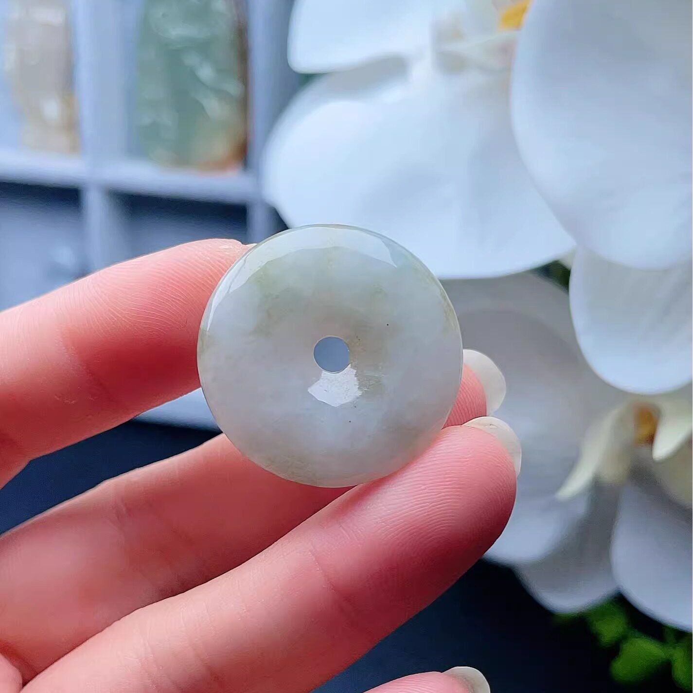 天然A货翡翠乳白飘黄平安扣吊坠缅甸老坑洒金花圆扣挂坠圆满