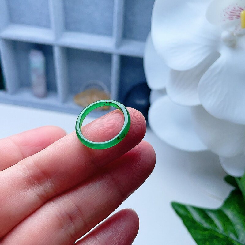 A货翡翠飘乌鸡辣绿阳绿戒指15.9mm天然老坑细条指环清新秀气11#