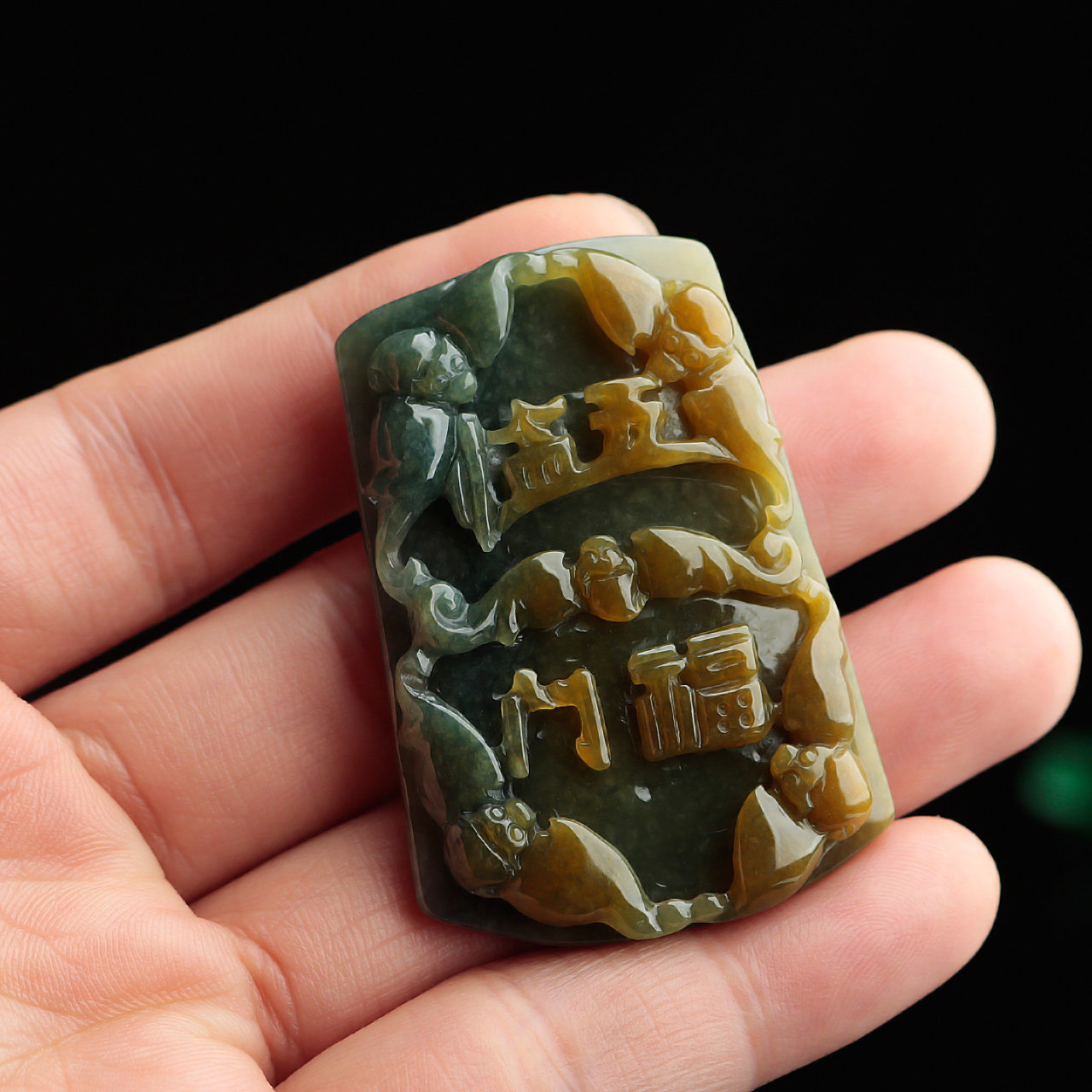 老坑a货翡翠刻字五福临门吊坠方牌 天然双彩缅甸玉蝙蝠玉坠带证书