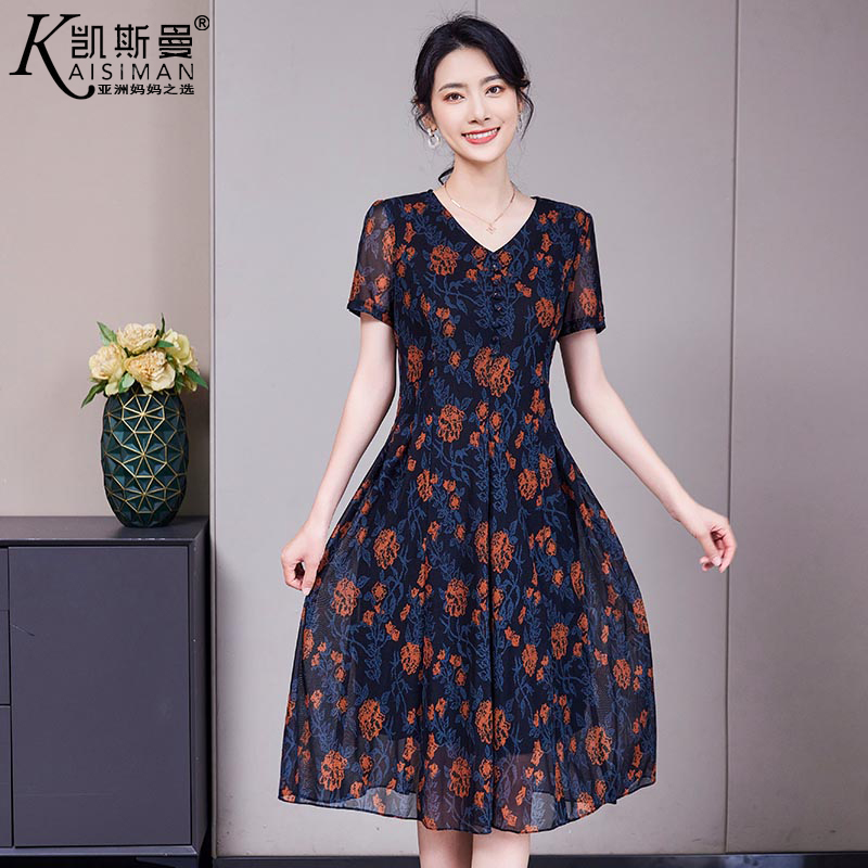 凯斯曼2025夏装新款中老年妈妈款连衣裙大码女装花色中长款23032