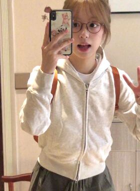 白灰色复古修身双拉链开衫外套美式重磅短款秋冬加绒百搭连帽卫衣