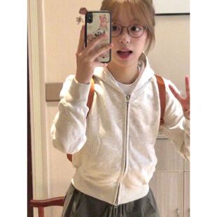 白灰色复古修身双拉链开衫外套美式重磅短款秋冬加绒百搭连帽卫衣