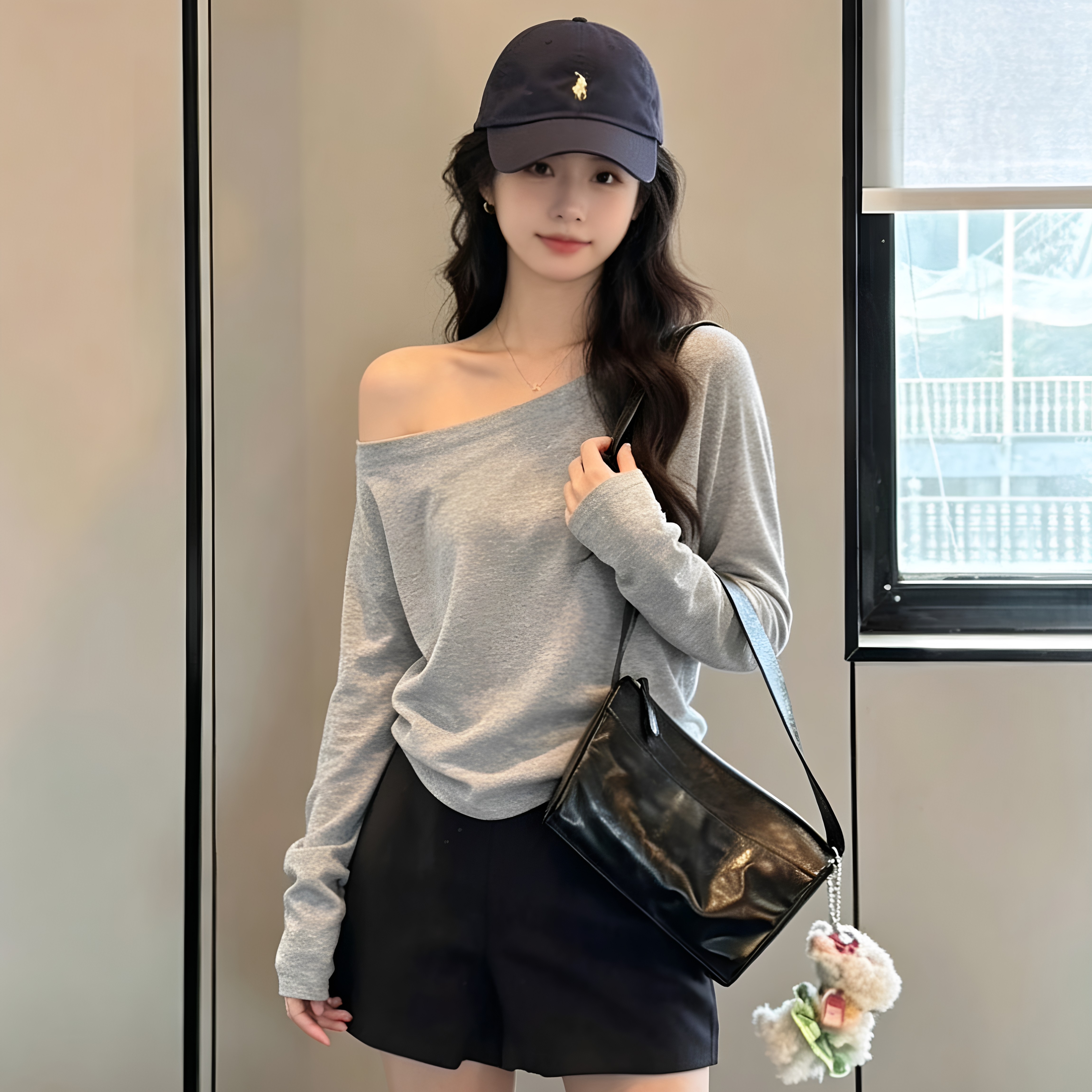 韩版休闲风一字肩长袖t恤女春秋季纯色露肩宽松百搭打底衫上衣服