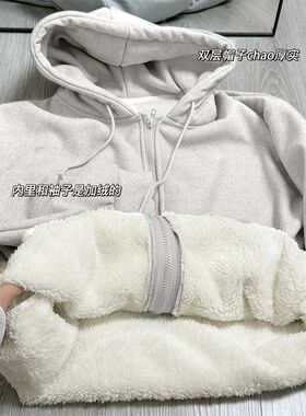 秋冬重磅加厚羊羔绒开衫外套灰色复古宽松慵懒加绒拉链连帽卫衣女