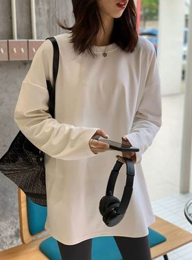 双面磨毛加厚打底衫秋冬圆领宽松长袖叠穿T恤衫白色保暖简约上衣