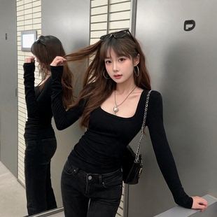 常规款简约风方领修身打底衫女士纯色长袖t恤U领紧身内搭百搭上衣