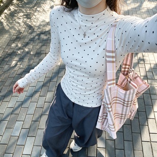 波点半高领修身显瘦打底衫女内搭秋冬正肩袖韩版长袖t恤百搭上衣