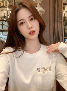 韩版白色加厚磨毛长袖T恤衫秋冬新款休闲百搭设计感保暖圆领上衣