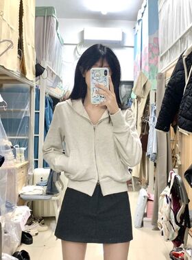 白灰色复古重磅短款修身开衫美式秋冬加绒双拉链设计感卫衣外套女