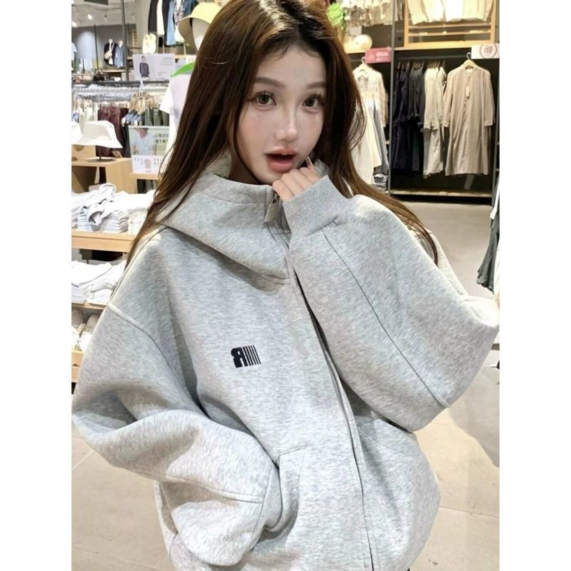 浅灰色复古宽松慵懒廓形外套秋冬重磅高领开衫加绒加厚连帽卫衣女