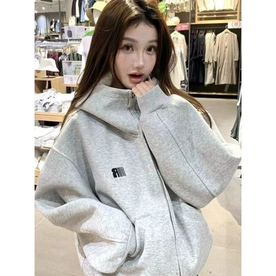 浅灰色复古宽松慵懒廓形外套秋冬重磅高领开衫加绒加厚连帽卫衣女