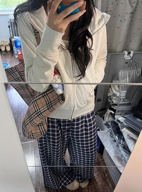 白灰色修身短款双拉链开衫外套美式复古重磅休闲秋冬加绒连帽卫衣