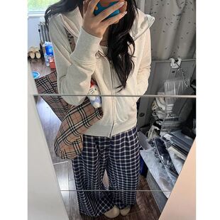 白灰色修身短款双拉链开衫外套美式复古重磅休闲秋冬加绒连帽卫衣