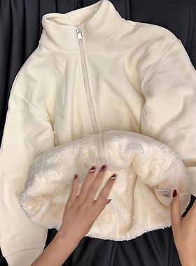 奶白色冬季加厚保暖羊羔绒外套秋冬立领拉链显瘦慵懒感棉服卫衣女