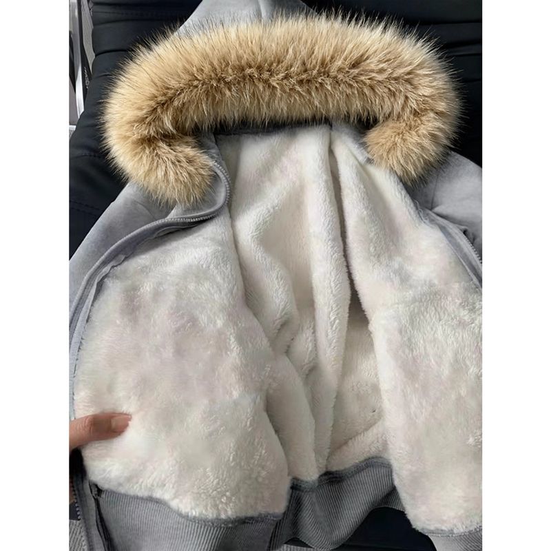 慵懒秋冬可拆卸毛领连帽卫衣冬季加厚羊羔绒棉服加绒座山雕外套女
