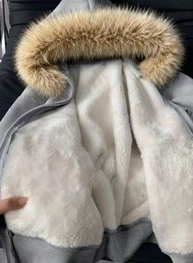 慵懒秋冬可拆卸毛领连帽卫衣冬季加厚羊羔绒棉服加绒座山雕外套女