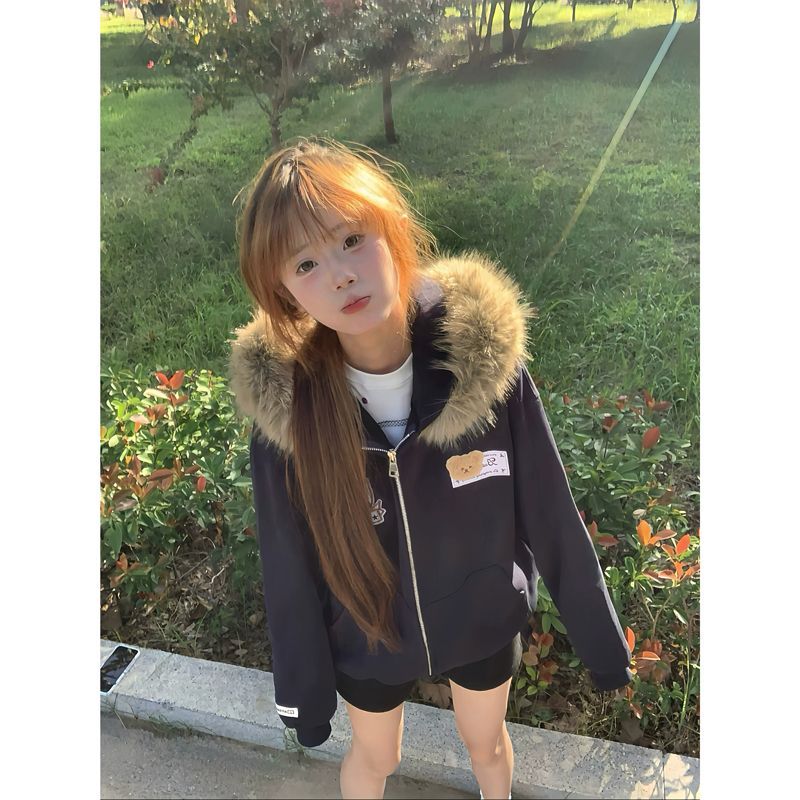 韩系chic小众小熊耳朵连帽卫衣秋冬重磅可拆卸毛领百搭开衫外套女