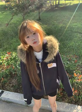 韩系chic小众小熊耳朵连帽卫衣秋冬重磅可拆卸毛领百搭开衫外套女