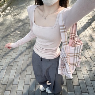 简约韩版新款方领修身打底衫女士纯色长袖t恤U领紧身内搭百搭上衣