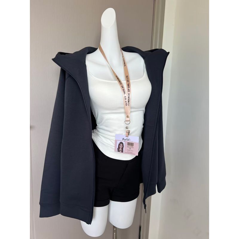 深灰色复古秋冬加厚开衫外套美式重磅休闲百搭慵懒加绒连帽卫衣女