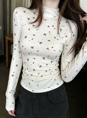 秋冬季韩版新款碎花长袖t恤女士半高领上衣秋修身显瘦内搭打底衫