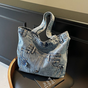 文艺休闲手提单肩包复古牛仔包2025新款 大容量上课通勤托特包日韩