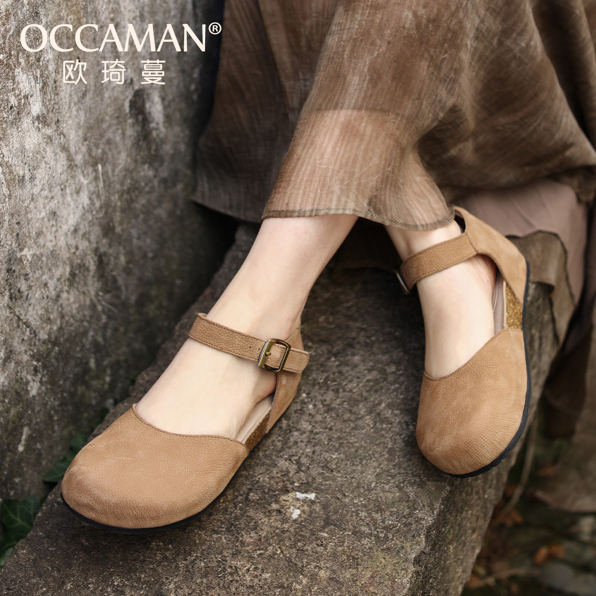 OCCAMAN/欧琦蔓勃肯鞋女夏真皮包头平底凉鞋一字带扣外穿休闲鞋图片