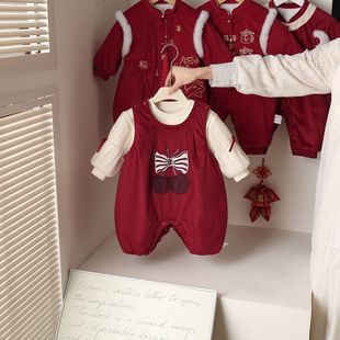 秋冬周岁生日女宝宝连体衣红色喜庆礼服套装加棉婴幼儿过年服棉衣