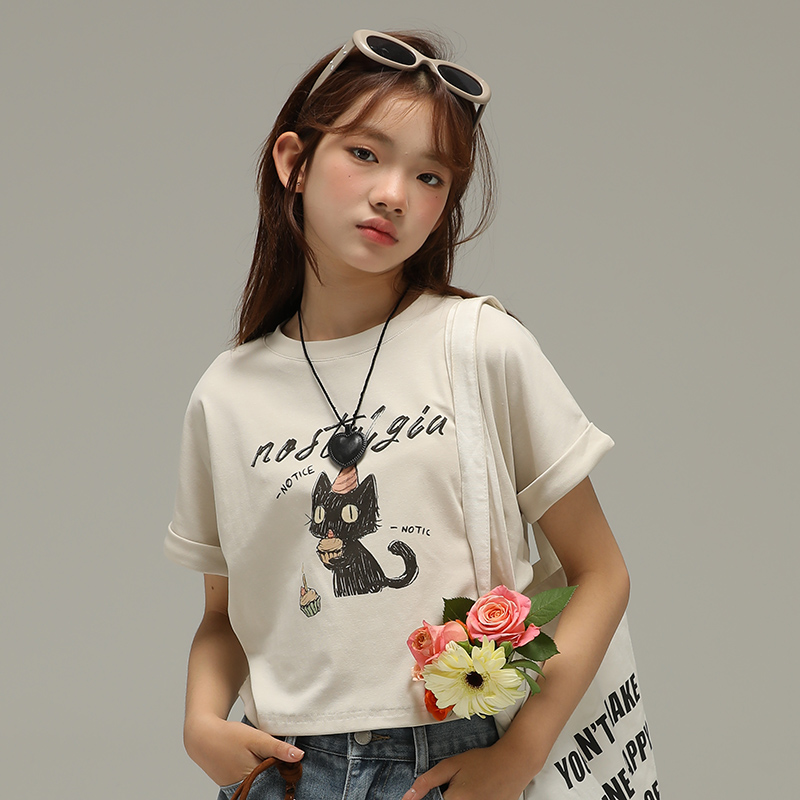 小女森女童夏季T恤圆领猫咪印花短袖儿童宽松休闲抽褶设计感上衣
