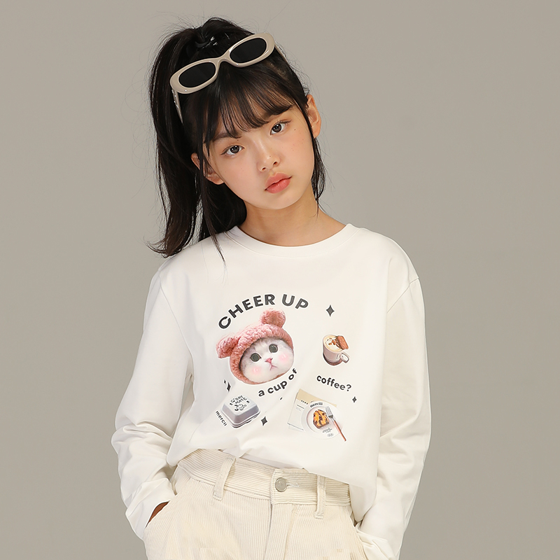 小女森女童秋冬纯白可爱猫咪打底衫儿童休闲薄款圆领印花长袖T恤