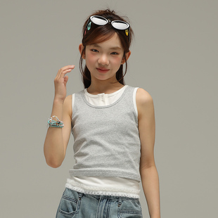 小女森女童夏季 上衣女 背心薄款 撞色灰白吊带儿童蕾丝拼接甜美无袖